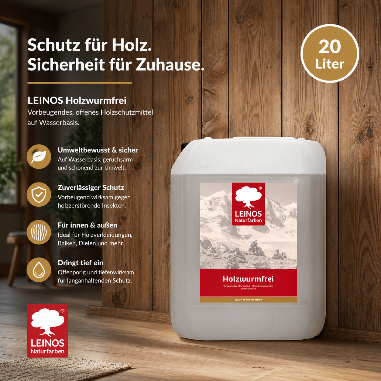LEINOS Holzwurmfrei 130 | 20 Liter  Holzschutz gegen Insekten- & Pilzbefall | Für Innen, überdachten Außenbereich & Feuchträume | Holzverfestiger mit physikalisch-mechanischer Wirkung