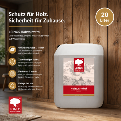 LEINOS Holzwurmfrei 130 | 20 Liter  Holzschutz gegen Insekten- & Pilzbefall | Für Innen, überdachten Außenbereich & Feuchträume | Holzverfestiger mit physikalisch-mechanischer Wirkung