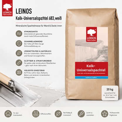LEINOS Kalk-Universalspachtel 683, weiß – Mineralische Spachtelmasse für Wand & Decke innen, atmungsaktiv, schimmelhemmend, lösemittelfrei, glättbar & strukturierbar, auf Putz, Lehm, Gips – 10 kg