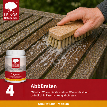 Leinos Entgrauer 0,5 Liter  für Holz-Gartenmöbel & Terrassenholz – Auftragen, einwirken lassen, abbürsten – effektive Reinigung & Auffrischung von Hart- und Weichholz