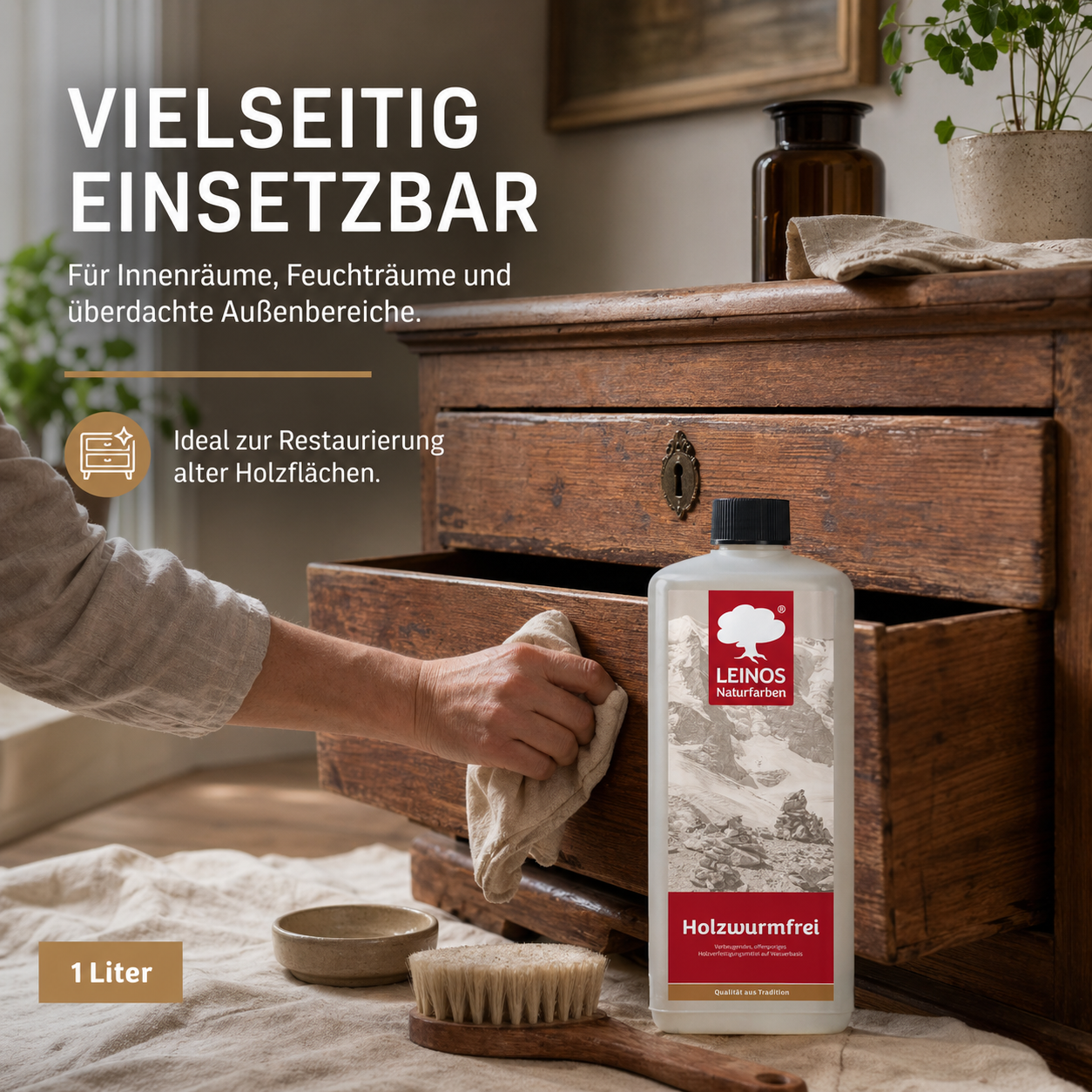 LEINOS Holzwurmfrei 130 | Holzschutz gegen Insekten- & Pilzbefall | Für Innen, überdachten Außenbereich & Feuchträume | Holzverfestiger mit physikalisch-mechanischer Wirkung | 1L
