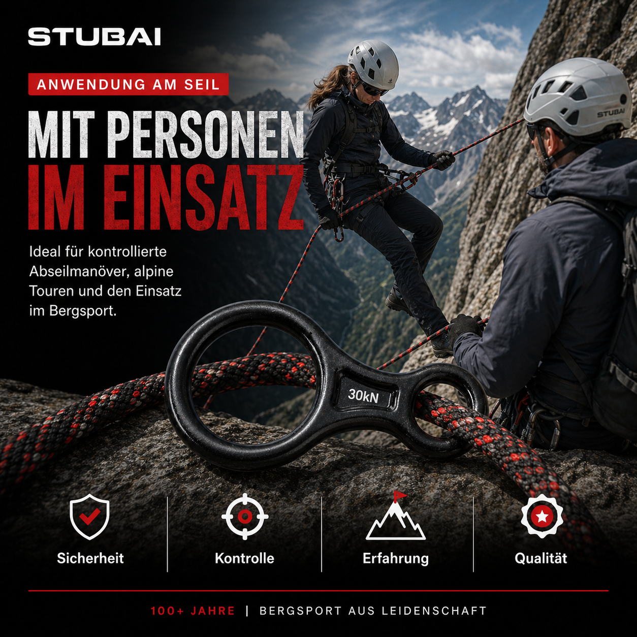 STUBAI Abseilachter groß, 109 g, 30 kN Bruchlast, EN 15151-2 zertifiziert – Sicherungsgerät aus geschmiedetem Aluminium, rot eloxiert – geeignet für Klettern, Bergsteigen, Canyoning, Höhenarbeit