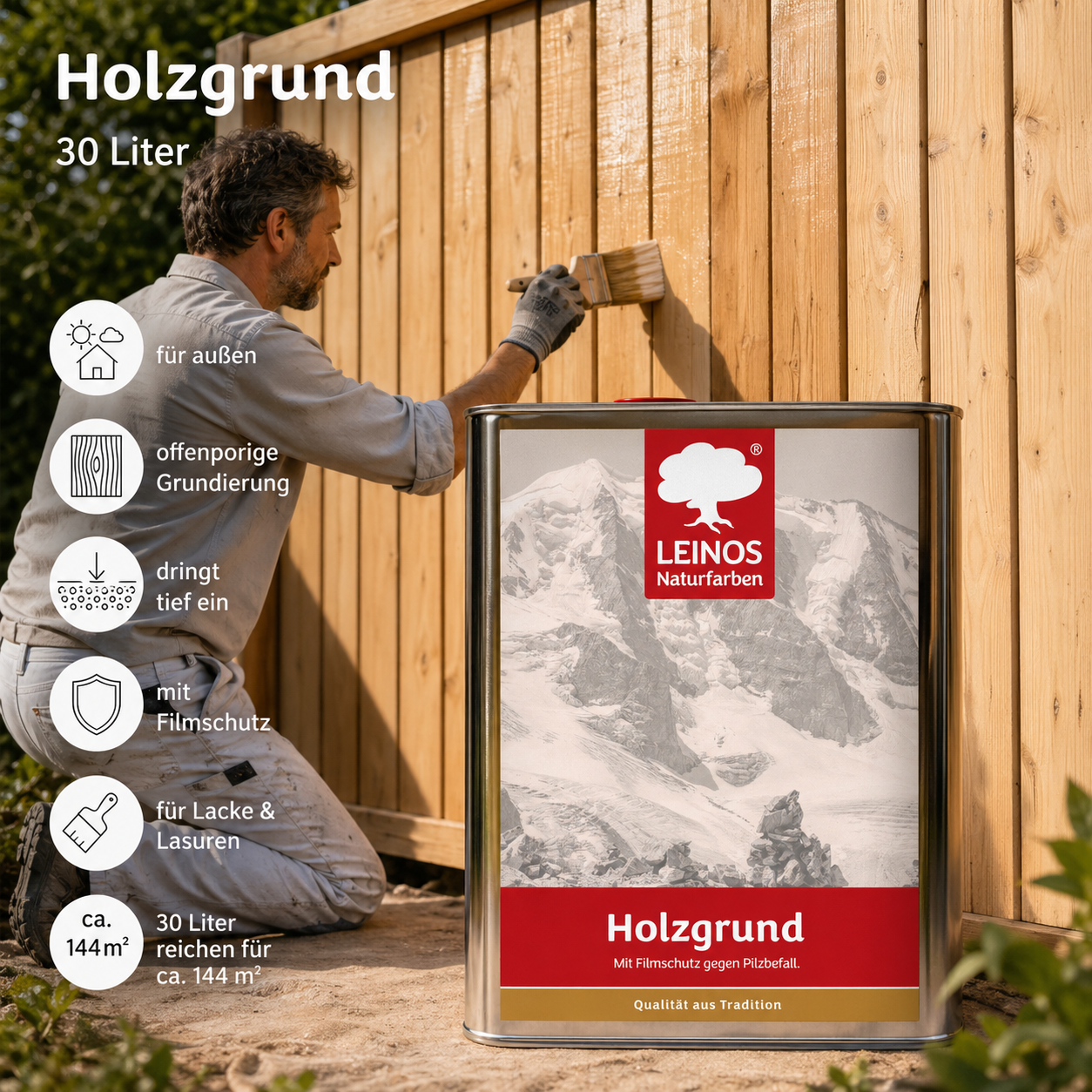 LEINOS 150 Holzgrund 30 l – offenporige Holzgrundierung für Lack- und Lasuranstriche außen, mit Filmschutz gegen Bläuebefall, tiefenwirksam, transparent-bräunlich, reicht bis ca. 144 m²