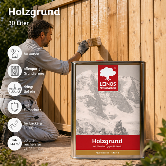 LEINOS 150 Holzgrund 30 l – offenporige Holzgrundierung für Lack- und Lasuranstriche außen, mit Filmschutz gegen Bläuebefall, tiefenwirksam, transparent-bräunlich, reicht bis ca. 144 m²