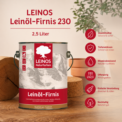 LEINOS Leinöl-Firnis 230 – 2,5 L offenporige Grundierung für stark saugende Untergründe innen wie Hirnholzparkett, Kork, Terracotta – ohne Filmschutz für außen – lösemittelfrei