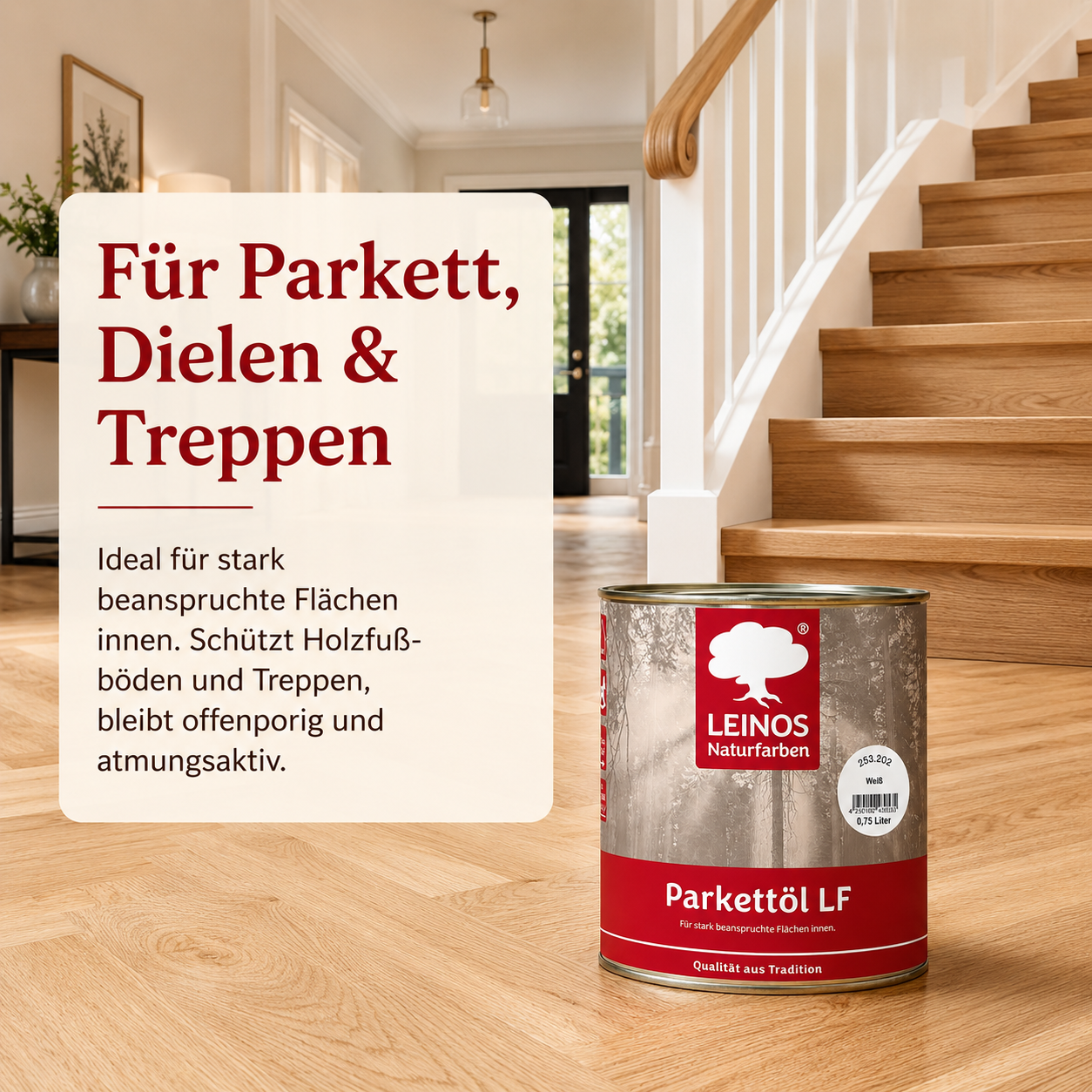 LEINOS Parkettöl LF 253 weiß 0,75 L – Natürlich pigmentiertes Holzöl für Parkett & Dielen, lösemittelfrei, offenporig, UV-stabil & strapazierfähig – ideal für helle Holzfußböden im Innenbereich