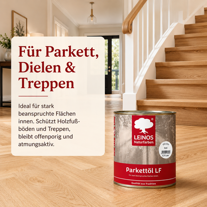 LEINOS Parkettöl LF 253 weiß 0,75 L – Natürlich pigmentiertes Holzöl für Parkett & Dielen, lösemittelfrei, offenporig, UV-stabil & strapazierfähig – ideal für helle Holzfußböden im Innenbereich