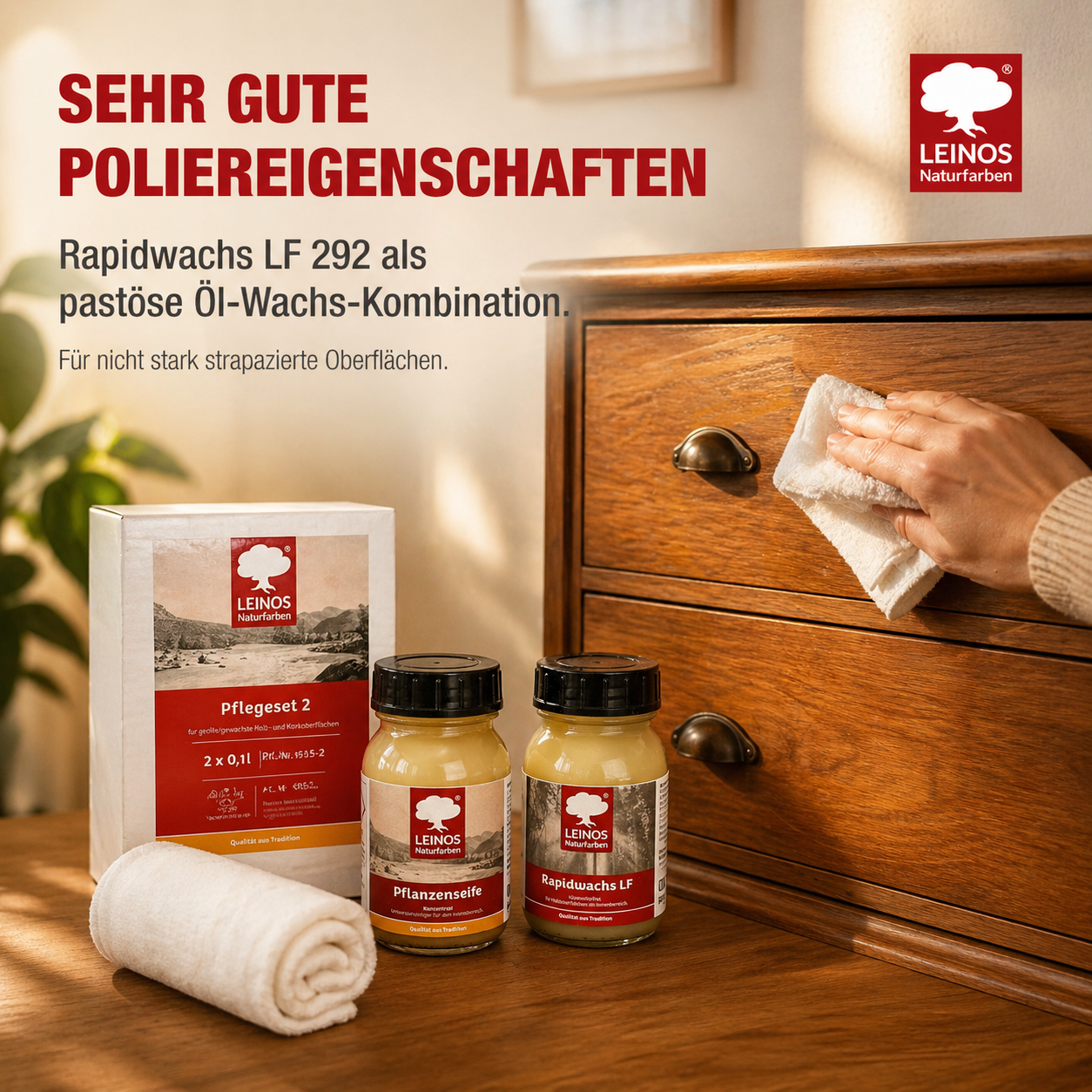 LEINOS Pflege-Set 915-2 für geölte und gewachste Möbeloberflächen je 0,1 Liter  | Lösemittelfreie, schnelle Einmalbehandlung oder -reperatur von nicht stark strapazierten Holzoberflächen