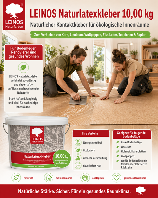 LEINOS Naturlatexkleber 3,00 kg – lösungsmittelfreier Kontaktkleber auf Naturkautschukbasis – für Teppiche, Kork, Leder, Filz, Linoleum & Papier – ideal für ökologische Anwendungen