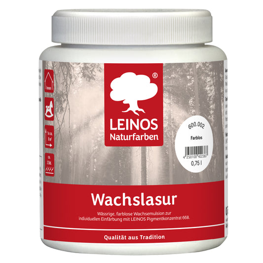 Leinos 600 Wachslasur für Innen 002 Farblos 0,75 l – wässrige Holzlasur für Möbel, Holzdecken, Wandverkleidungen und Kinderspielzeug im Innenbereich, farblos, pigmentierbar, leicht aufzutragen