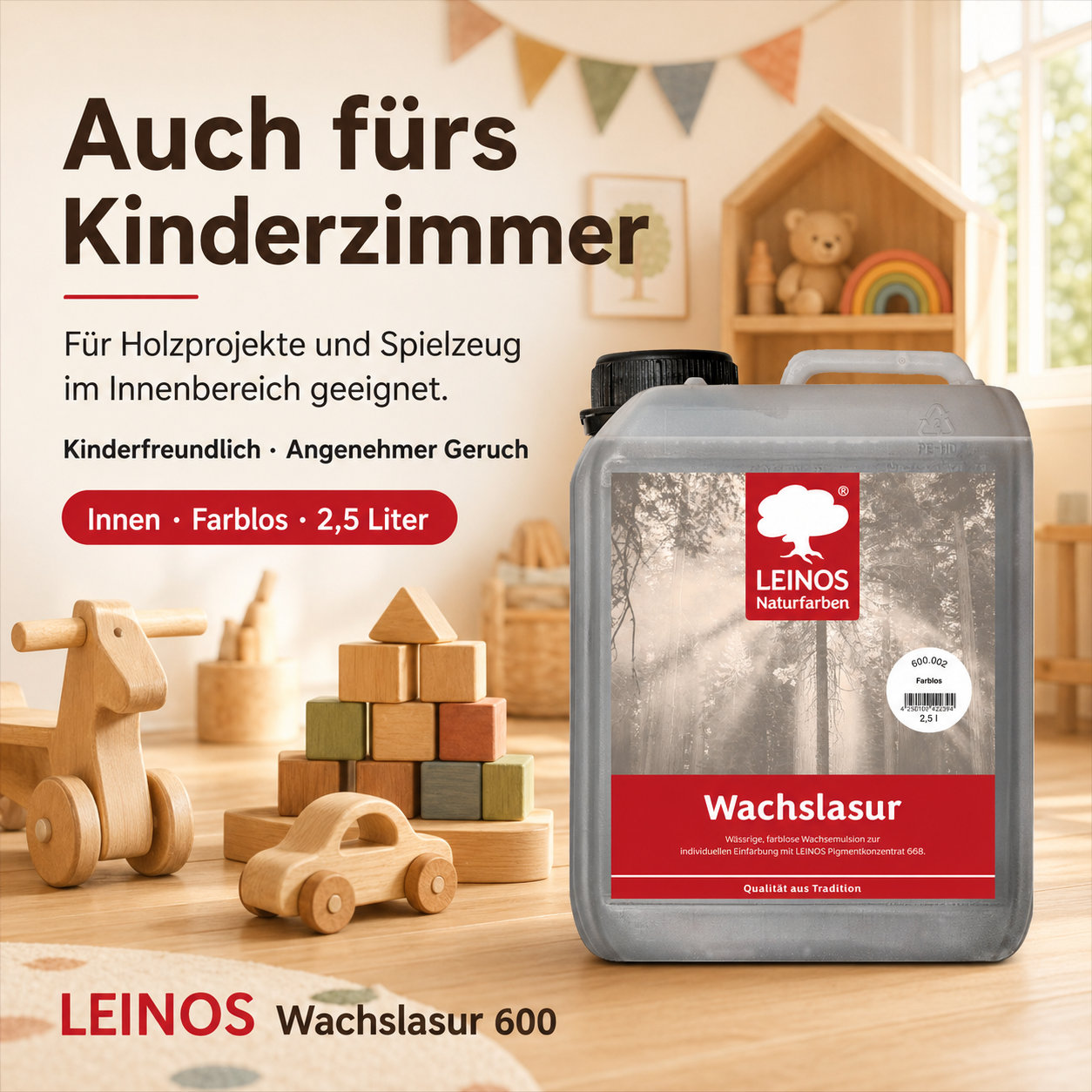LEINOS WACHSLASUR 600 für Innen 002 Farblos 2,5 l – wässrige Holzlasur für Möbel, Holzdecken, Wandverkleidungen und Kinderspielzeug