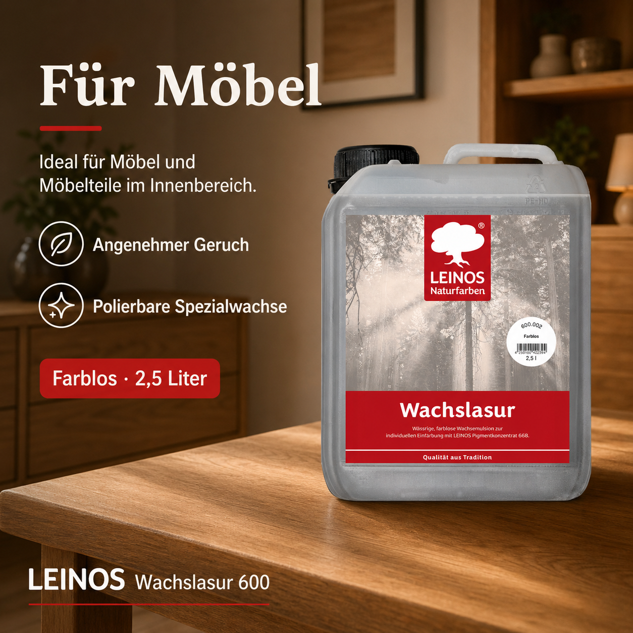 LEINOS WACHSLASUR 600 für Innen 002 Farblos 2,5 l – wässrige Holzlasur für Möbel, Holzdecken, Wandverkleidungen und Kinderspielzeug