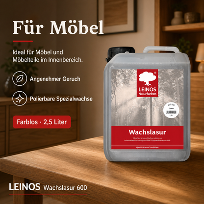 LEINOS WACHSLASUR 600 für Innen 002 Farblos 2,5 l – wässrige Holzlasur für Möbel, Holzdecken, Wandverkleidungen und Kinderspielzeug