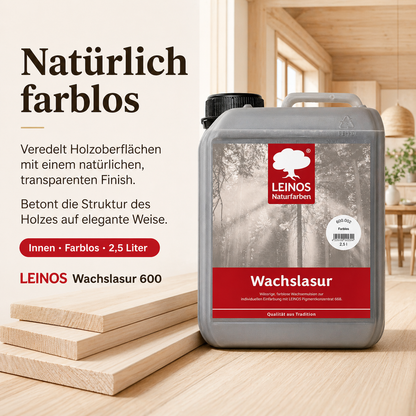 LEINOS WACHSLASUR 600 für Innen 002 Farblos 2,5 l – wässrige Holzlasur für Möbel, Holzdecken, Wandverkleidungen und Kinderspielzeug
