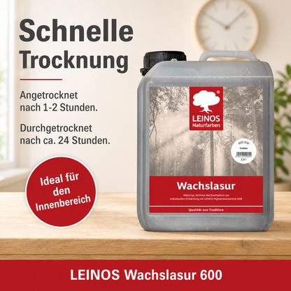 LEINOS WACHSLASUR 600 für Innen 002 Farblos 2,5 l – wässrige Holzlasur für Möbel, Holzdecken, Wandverkleidungen und Kinderspielzeug