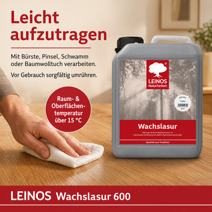 LEINOS WACHSLASUR 600 für Innen 002 Farblos 2,5 l – wässrige Holzlasur für Möbel, Holzdecken, Wandverkleidungen und Kinderspielzeug