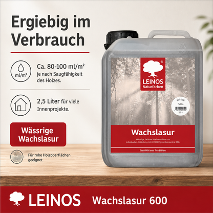 LEINOS WACHSLASUR 600 für Innen 002 Farblos 2,5 l – wässrige Holzlasur für Möbel, Holzdecken, Wandverkleidungen und Kinderspielzeug