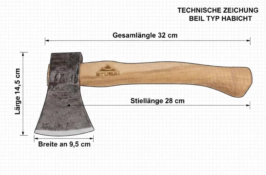 STUBAI Campingbeil „Habicht“ 1.100 g – Handgeschmiedet aus Kohlenstoffstahl, 340 mm, geölter Hickorystiel, Lederscheide – Outdoor, Bushcraft, Survival