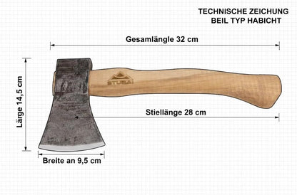 STUBAI Campingbeil „Habicht“ 1.100 g – Handgeschmiedet aus Kohlenstoffstahl, 340 mm, geölter Hickorystiel, Lederscheide – Outdoor, Bushcraft, Survival
