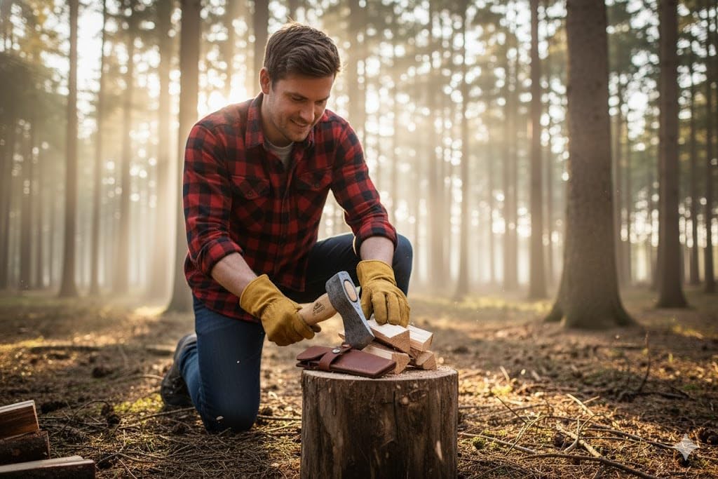STUBAI Campingbeil „Habicht“ 1.100 g – Handgeschmiedet aus Kohlenstoffstahl, 340 mm, geölter Hickorystiel, Lederscheide – Outdoor, Bushcraft, Survival
