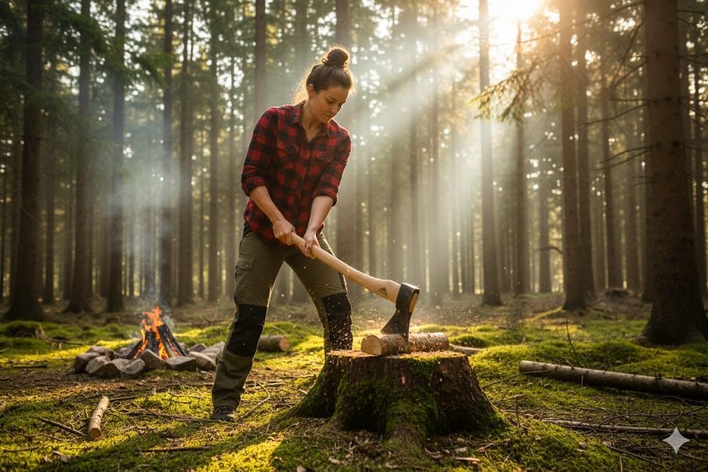 STUBAI Campingaxt „Zuckerhütl“ 1.650 g – Handgeschmiedet aus Kohlenstoffstahl, 650 mm Länge, geölter Hickorystiel, inkl. Lederscheide – Für Outdoor, Bushcraft, Survival, Trekking, Waldarbeiten