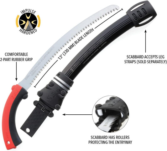 Silky Tsurugi Curve 330 mm Zugsäge grob 7,5 ZpZ – gebogene spitz zulaufende Hochleistungsklinge 1,7 mm, Genki Gummi-Pistolengriff, inkl. Aluminium-Beinköcher/Holster, für enge Stellen