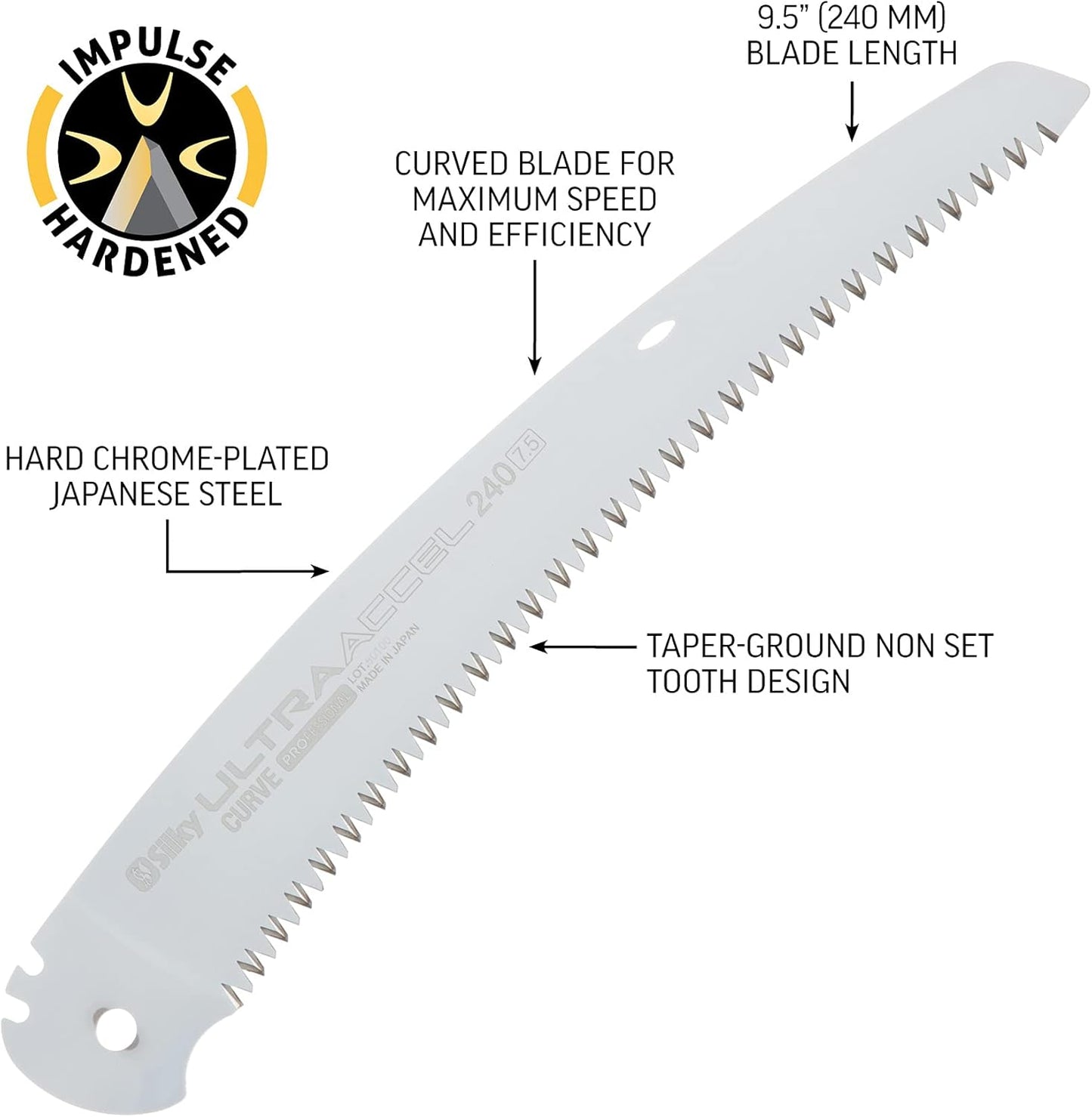 Silky Ersatzblatt für Ultra Accel Curve 240mm Klappsäge, gebogenes Sägeblatt mit grober Mirai-Me Verzahnung 7,5 Zähne/30mm, schnelle saubere Schnitte, ideal für Baumpflege und Astschnitt