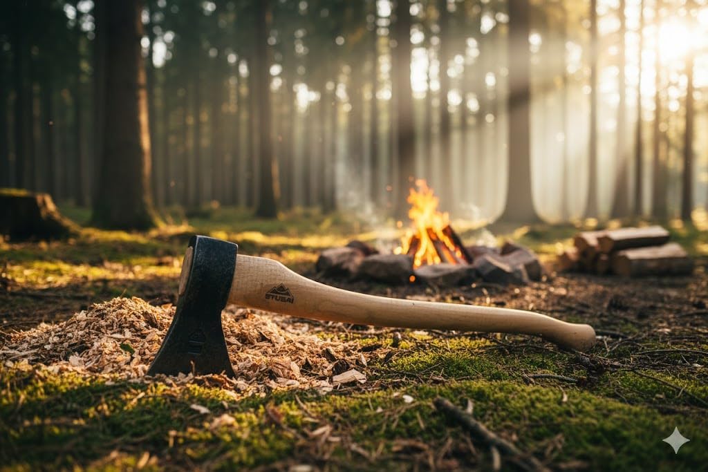 STUBAI Campingaxt „Zuckerhütl“ 1.650 g – Handgeschmiedet aus Kohlenstoffstahl, 650 mm Länge, geölter Hickorystiel, inkl. Lederscheide – Für Outdoor, Bushcraft, Survival, Trekking, Waldarbeiten