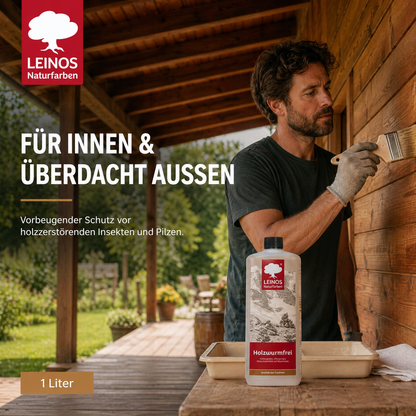 LEINOS Holzwurmfrei 130 | Holzschutz gegen Insekten- & Pilzbefall | Für Innen, überdachten Außenbereich & Feuchträume | Holzverfestiger mit physikalisch-mechanischer Wirkung | 1L