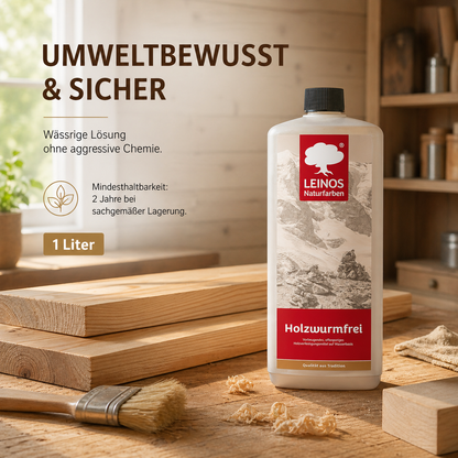 LEINOS Holzwurmfrei 130 | Holzschutz gegen Insekten- & Pilzbefall | Für Innen, überdachten Außenbereich & Feuchträume | Holzverfestiger mit physikalisch-mechanischer Wirkung | 1L