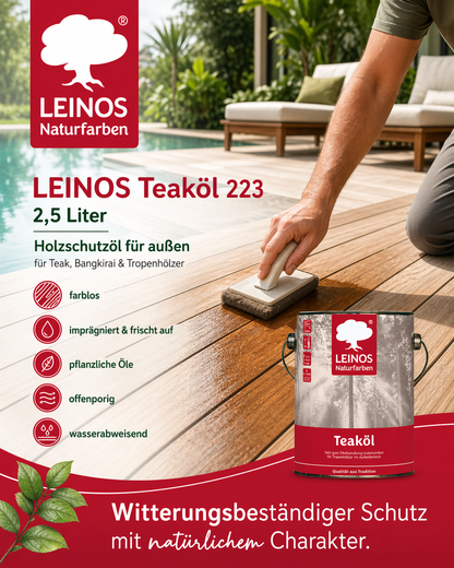 LEINOS Teaköl 223 – 2,5 Liter Holzschutzöl für außen, farblos, für Teak, Bangkirai & Tropenhölzer, imprägniert & frischt auf, pflanzliche Öle, offenporig, wasserabweisend, einfache Anwendung