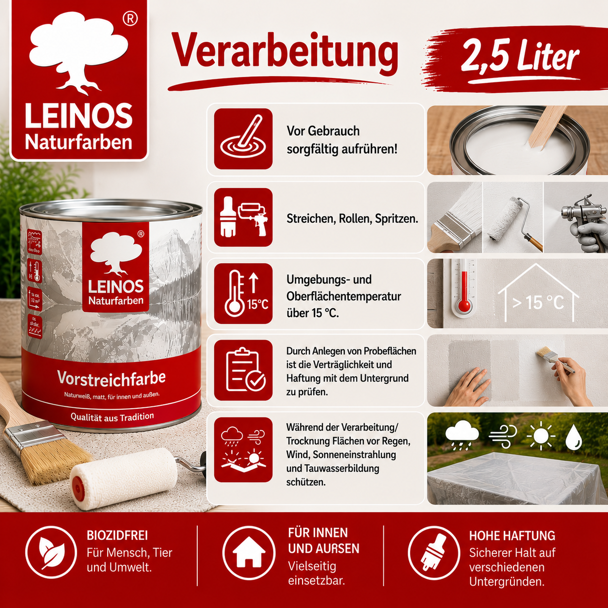 LEINOS Vorstreichfarbe 810 | 2,5  Liter | hochwertige Haftgrundierung für Holz, Metall, Glasfasertapeten | schnelltrocknend, biozidfrei & umweltfreundlich | weiß matt, offenporig, für Innen- und Außenanwendungen