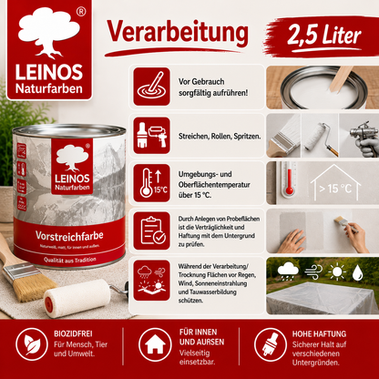 LEINOS Vorstreichfarbe 810 | 2,5  Liter | hochwertige Haftgrundierung für Holz, Metall, Glasfasertapeten | schnelltrocknend, biozidfrei & umweltfreundlich | weiß matt, offenporig, für Innen- und Außenanwendungen