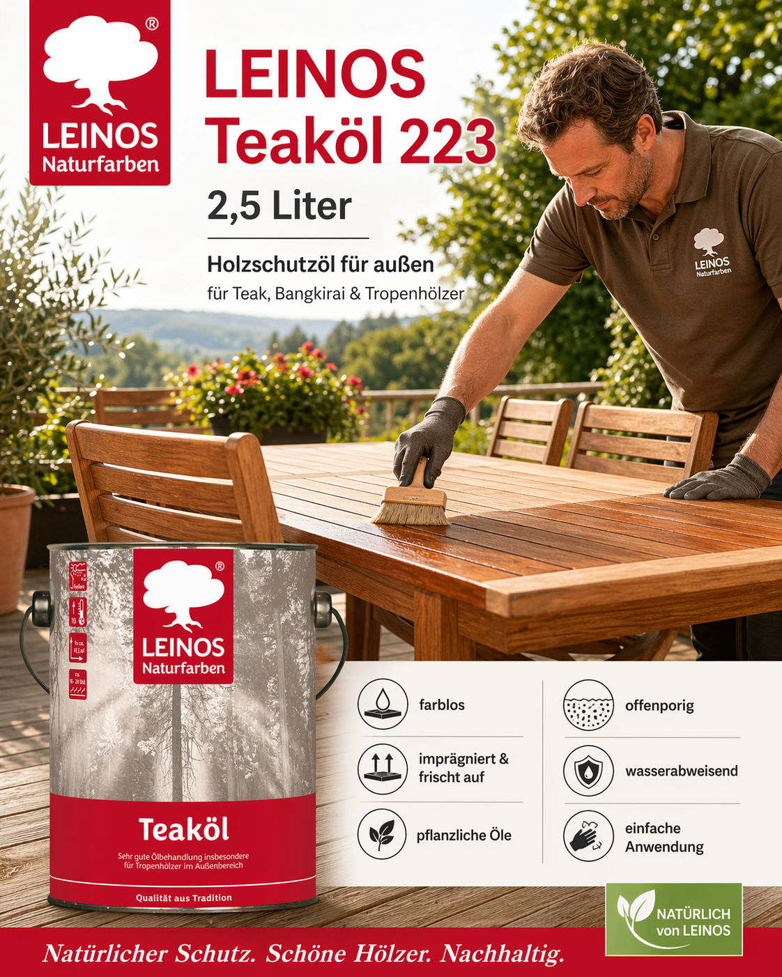 LEINOS Teaköl 223 – 2,5 Liter Holzschutzöl für außen, farblos, für Teak, Bangkirai & Tropenhölzer, imprägniert & frischt auf, pflanzliche Öle, offenporig, wasserabweisend, einfache Anwendung