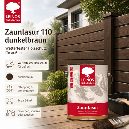 LEINOS Zaunlasur 110 dunkelbraun – wetterfeste Holzlasur für außen, offenporiger Holzschutz, wasserabweisend & atmungsaktiv, 2,5 l für bis zu 36 m² dunkelbraun