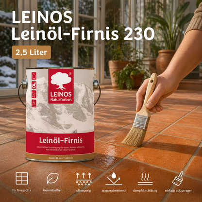 LEINOS Leinöl-Firnis 230 – 2,5 L offenporige Grundierung für stark saugende Untergründe innen wie Hirnholzparkett, Kork, Terracotta – ohne Filmschutz für außen – lösemittelfrei