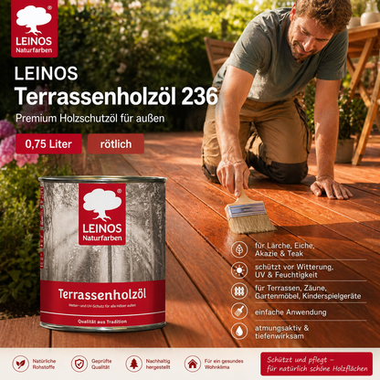 Leinos Terrassenholzöl 0,75l – rötliches Premium Holzschutzöl für außen, ideal für Lärche, Eiche, Akazie & Teak – Teaköl & Lärchenöl für Terrassen, Zäune, Gartenmöbel, Kinderspielgeräte & mehr