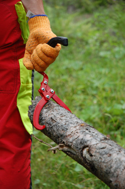 STUBAI Handpackzange 190 mm mit verdrehtem Griff 90° – für Stämme bis Ø180 mm – Qualitätsstahl, pulverbeschichtet, ergonomischer Kunststoffgriff, gezahnte Klingen, mit Öffnungshaken