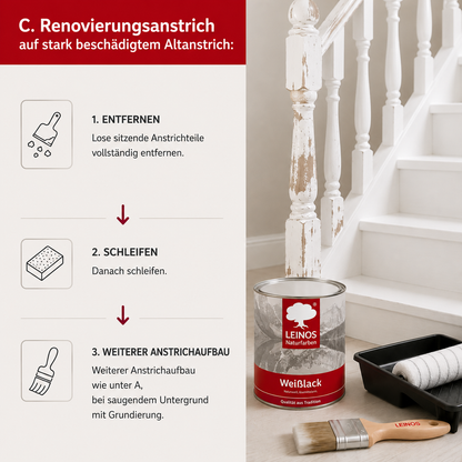 LEINOS 820 Weißlack Seidenglänzend | 0,25 L Innen & Außen | Wohngesunder Naturharz-Öl Lack, wasserfest & langlebig | ca. 2 m² Reichweite | Für kleine Flächen, Möbelstücke & Ausbesserungen