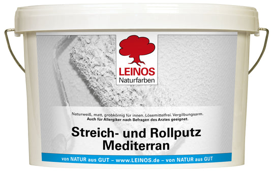 LEINOS Streich- und Rollputz mediterran 680, weiß – Dekorativer Strukturputz für Innen, lösemittelfrei, atmungsaktiv, gebrauchsfertig, mediterrane Optik, auf Lehm, Kalk, Putz, Altanstrich – 10Liter