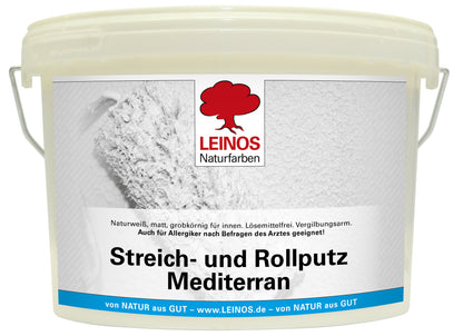 LEINOS Streich- und Rollputz mediterran 680, weiß – Dekorativer Strukturputz für Innen, lösemittelfrei, atmungsaktiv, gebrauchsfertig, mediterrane Optik, auf Lehm, Kalk, Putz, Altanstrich – 2,5