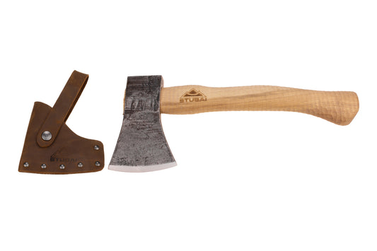 STUBAI Campingbeil „Habicht“ 1.100 g – Handgeschmiedet aus Kohlenstoffstahl, 340 mm, geölter Hickorystiel, Lederscheide – Outdoor, Bushcraft, Survival