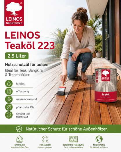LEINOS Teaköl 223 – 2,5 Liter Holzschutzöl für außen, farblos, für Teak, Bangkirai & Tropenhölzer, imprägniert & frischt auf, pflanzliche Öle, offenporig, wasserabweisend, einfache Anwendung