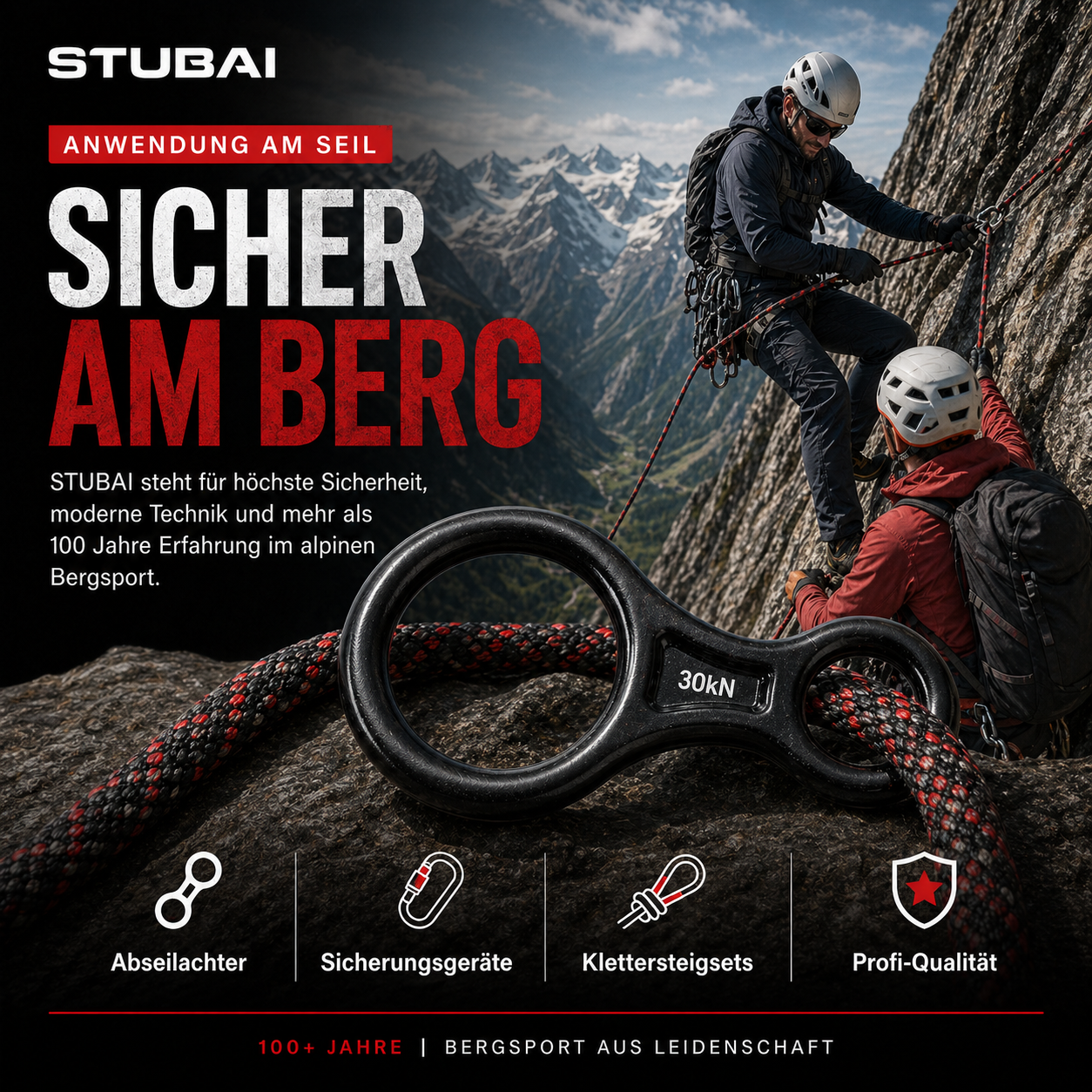STUBAI Abseilachter groß, 109 g, 30 kN Bruchlast, EN 15151-2 zertifiziert – Sicherungsgerät aus geschmiedetem Aluminium, rot eloxiert – geeignet für Klettern, Bergsteigen, Canyoning, Höhenarbeit