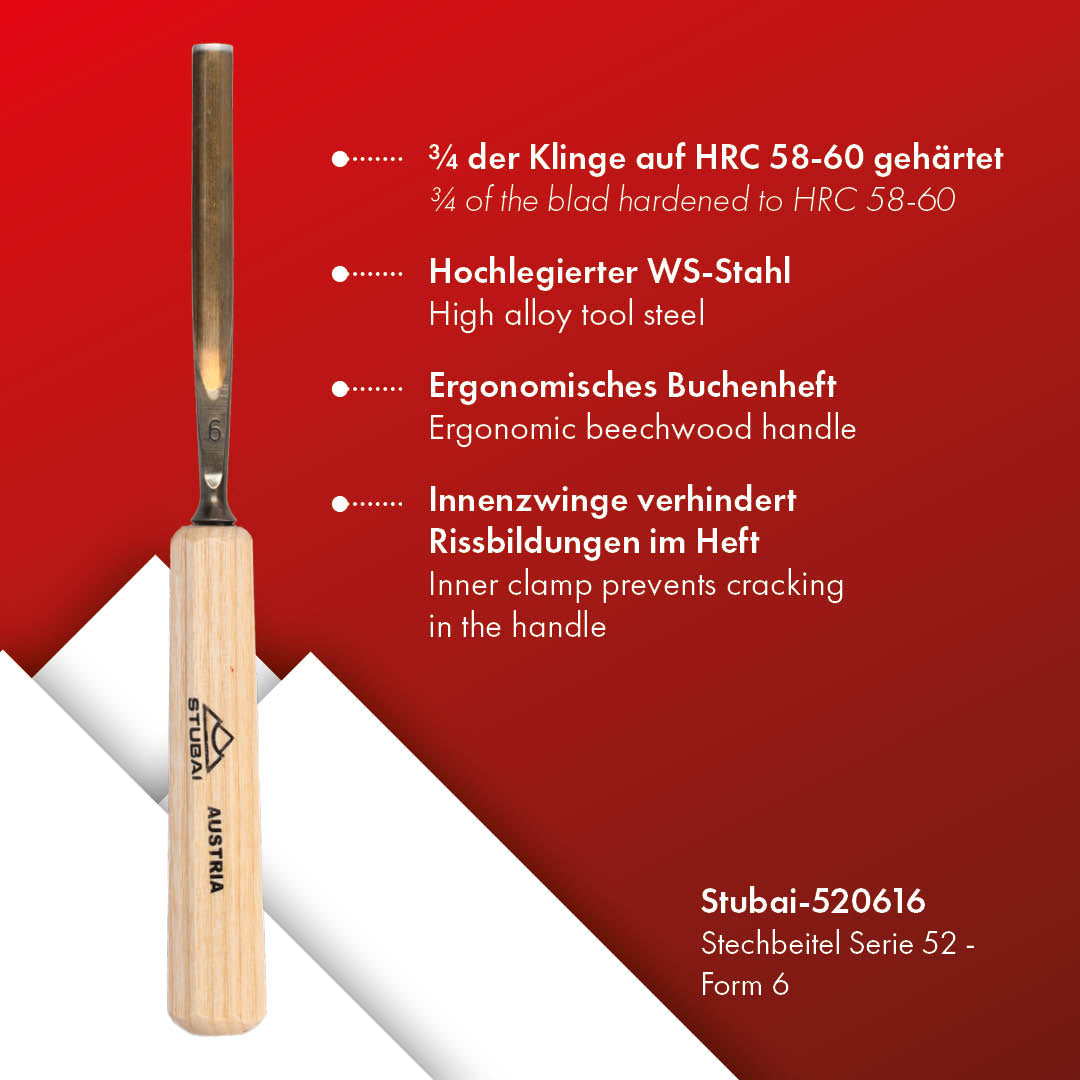 STUBAI Stemmeisen Stechbeitel Serie 52 - Form 6 | Gerades Hohleisen - 16 mm, mit Holzgriff, für Figurenarbeiten, zur präzisen Bearbeitung von Holz, hochwertiges Werkzeug für Schreiner Tischler