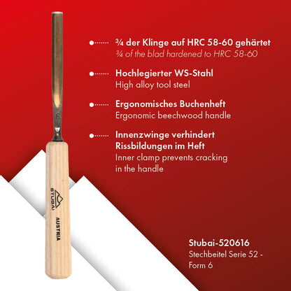 STUBAI Stemmeisen Stechbeitel Serie 52 - Form 6 | Gerades Hohleisen - 16 mm, mit Holzgriff, für Figurenarbeiten, zur präzisen Bearbeitung von Holz, hochwertiges Werkzeug für Schreiner Tischler