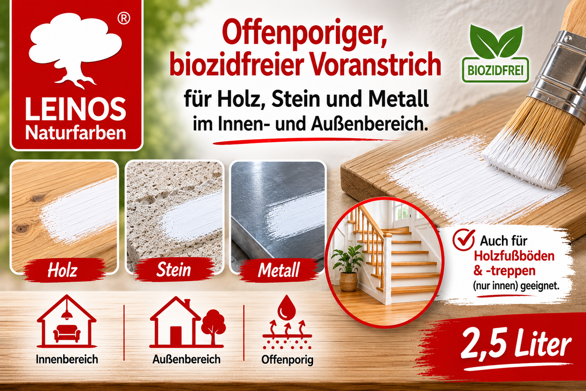LEINOS Vorstreichfarbe 810 | 2,5  Liter | hochwertige Haftgrundierung für Holz, Metall, Glasfasertapeten | schnelltrocknend, biozidfrei & umweltfreundlich | weiß matt, offenporig, für Innen- und Außenanwendungen