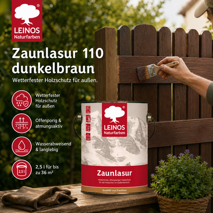 LEINOS Zaunlasur 110 dunkelbraun – wetterfeste Holzlasur für außen, offenporiger Holzschutz, wasserabweisend & atmungsaktiv, 2,5 l für bis zu 36 m² dunkelbraun