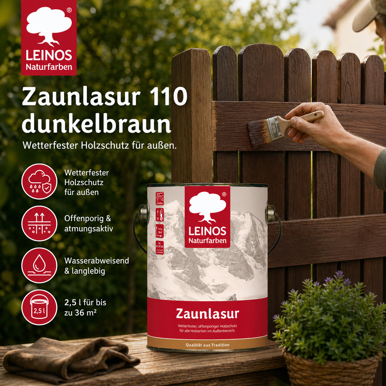 LEINOS Zaunlasur 110 dunkelbraun – wetterfeste Holzlasur für außen, offenporiger Holzschutz, wasserabweisend & atmungsaktiv, 2,5 l für bis zu 36 m² dunkelbraun