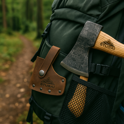STUBAI Campingbeil „Habicht“ 1.100 g – Handgeschmiedet aus Kohlenstoffstahl, 340 mm, geölter Hickorystiel, Lederscheide – Outdoor, Bushcraft, Survival